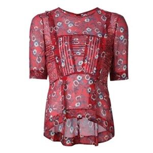 Veronica Beard Sheer Silk Red Peplum Short Sleeve Blouse Size 2